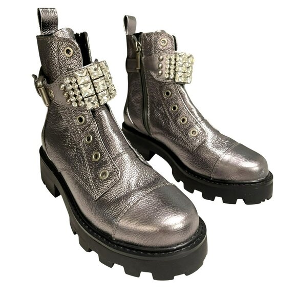Karl Lagerfeld Maeva Embellished Buckled Zip Booties In Silver Sz 6 NEW - Picture 1 of 7